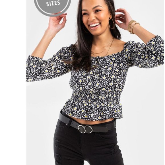 NWT! Francesca's Black Floral Smock Waist Blouse! - Picture 1 of 5